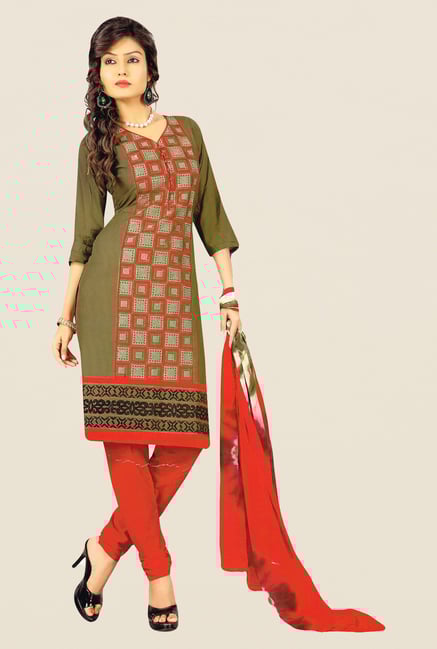 Salwar Studio Mehndi & Red Embroidered Dress Material Salwar Studio Mehndi & Red Embroidered Dress Material