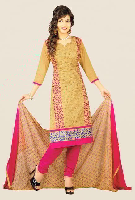 Salwar Studio Beige & Pink Embroidered Cotton Dress Material Salwar Studio Beige & Pink Embroidered Cotton Dress Material