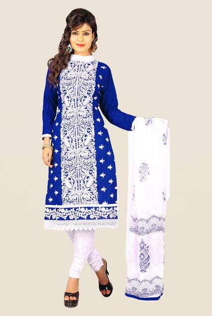 Salwar Studio Blue & White Polyblend Dress Material Salwar Studio Blue & White Polyblend Dress Material