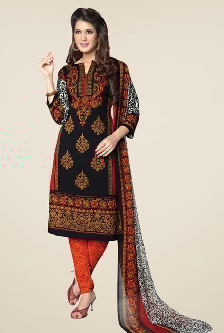Salwar Studio Black & Orange Synthetic Dress Material Salwar Studio Black & Orange Synthetic Dress Material