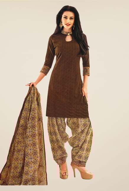 Salwar Studio Brown & Beige Printed Dress Material Salwar Studio Brown & Beige Printed Dress Material