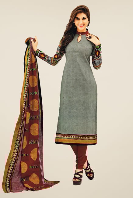 Salwar Studio Grey & Maroon Printed Cotton Dress Material Salwar Studio Grey & Maroon Printed Cotton Dress Material
