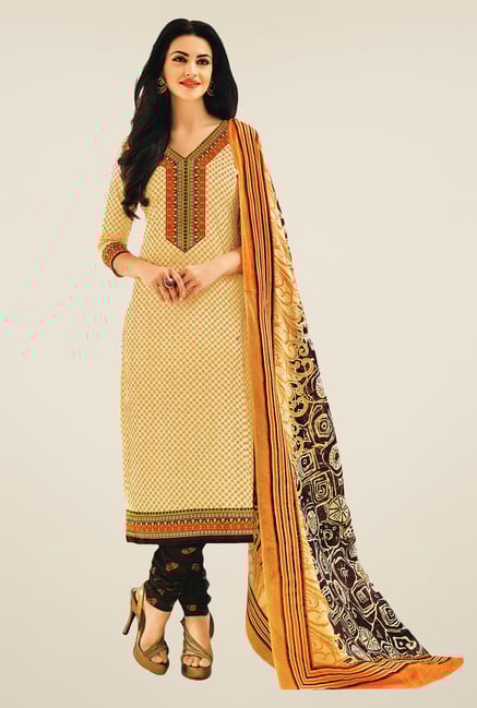 Salwar Studio Fawn & Dark Brown Printed Dress Material Salwar Studio Fawn & Dark Brown Printed Dress Material