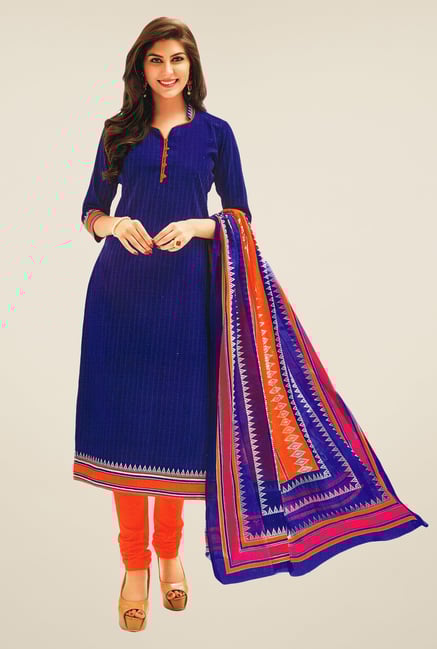 Salwar Studio Blue & Orange Striped Dress Material Salwar Studio Blue & Orange Striped Dress Material