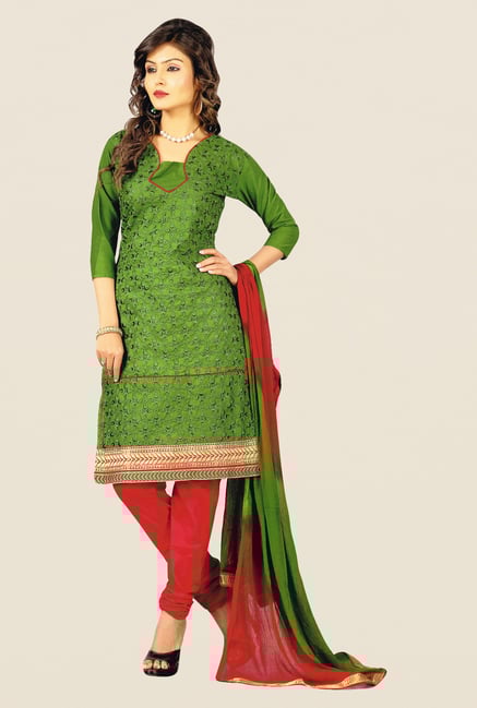 Salwar Studio Green & Red Embroidered Cotton Dress Material Salwar Studio Green & Red Embroidered Cotton Dress Material