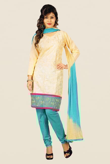 Salwar Studio Fawn & Pastel Blue Embroidered Dress Material Salwar Studio Fawn & Pastel Blue Embroidered Dress Material