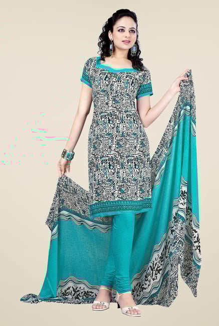 Salwar Studio Aqua & White Printed Dress Material Salwar Studio Aqua & White Printed Dress Material