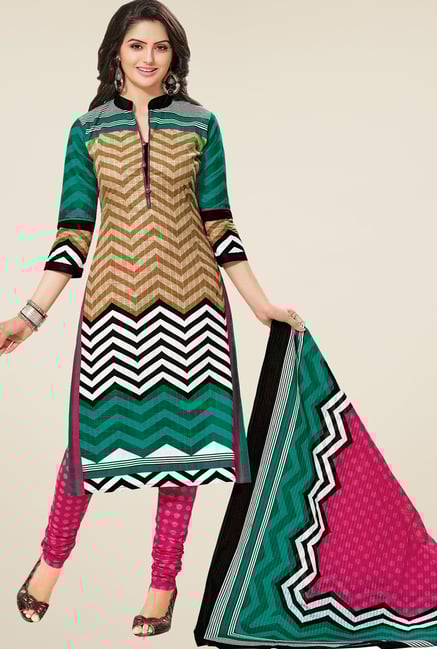 Salwar Studio Beige & Turquoise Printed Dress Material Salwar Studio Beige & Turquoise Printed Dress Material