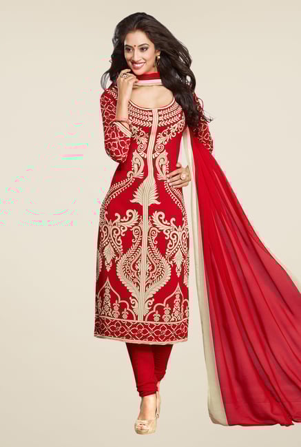 Salwar Studio Red & Beige Printed Synthetic Dress Material Salwar Studio Red & Beige Printed Synthetic Dress Material