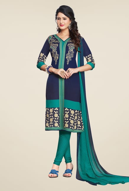 Salwar Studio Dark Blue & Rama Green Printed Dress Material Salwar Studio Dark Blue & Rama Green Printed Dress Material