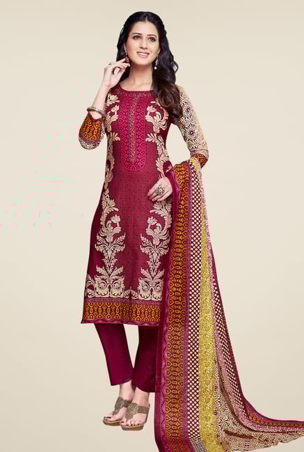 Salwar Studio Maroon & Beige Synthetic Dress Material Salwar Studio Maroon & Beige Synthetic Dress Material