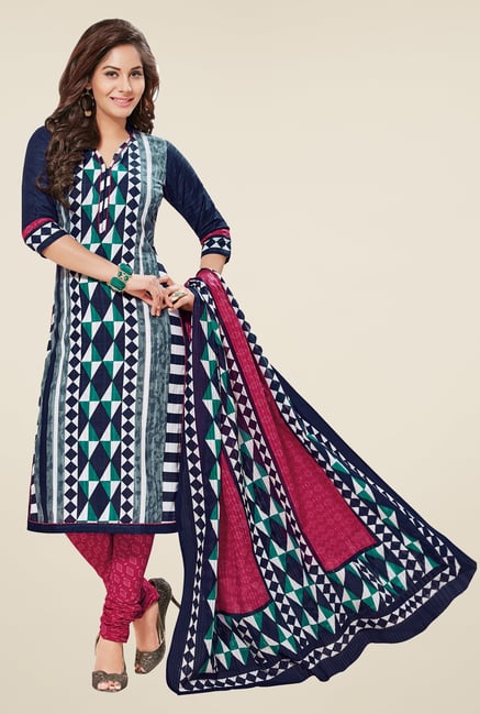 Salwar Studio Navy & Pink Printed Dress Material Salwar Studio Navy & Pink Printed Dress Material