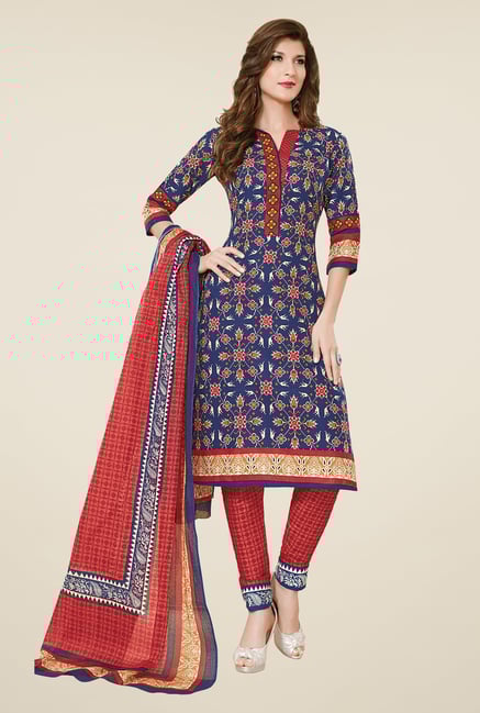Salwar Studio Blue & Red Cotton Dress Material Salwar Studio Blue & Red Cotton Dress Material