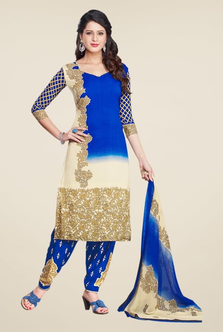 Salwar Studio Blue & Fawn Printed Dress Material Salwar Studio Blue & Fawn Printed Dress Material