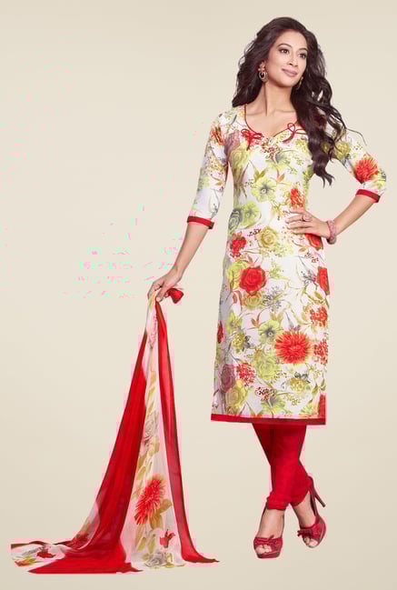 Salwar Studio White & Red Printed Cotton Dress Material Salwar Studio White & Red Printed Cotton Dress Material
