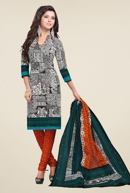 Salwar Studio White & Orange Printed Dress Material Salwar Studio White & Orange Printed Dress Material