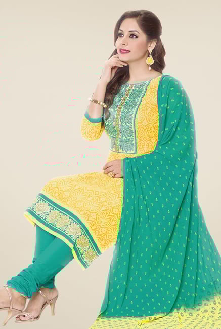 Salwar Studio Yellow & Turquoise Embroidered Dress Material Salwar Studio Yellow & Turquoise Embroidered Dress Material