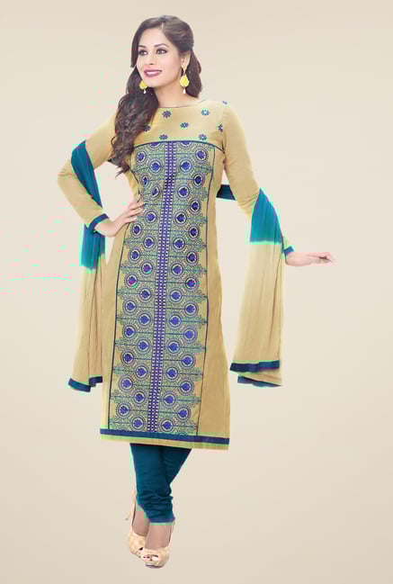 Salwar Studio Beige & Turquoise Embroidered Dress Material Salwar Studio Beige & Turquoise Embroidered Dress Material