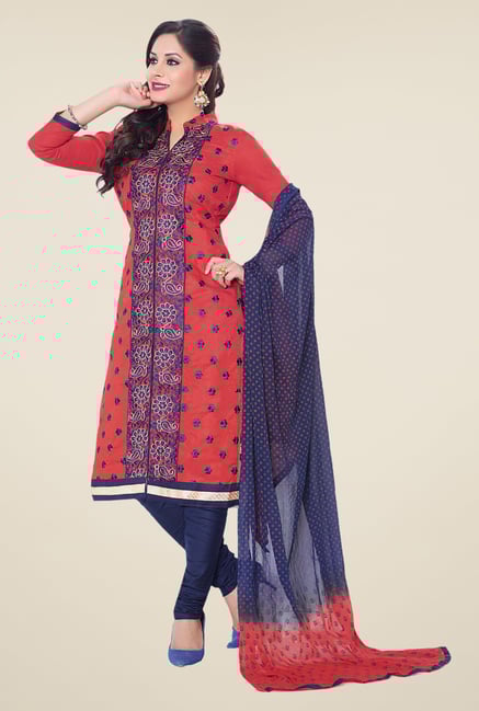 Salwar Studio Red & Dark Blue Embroidered Dress Material Salwar Studio Red & Dark Blue Embroidered Dress Material