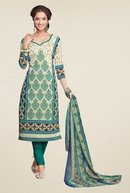 Salwar Studio Off White & Turquoise Printed Dress Material Salwar Studio Off White & Turquoise Printed Dress Material