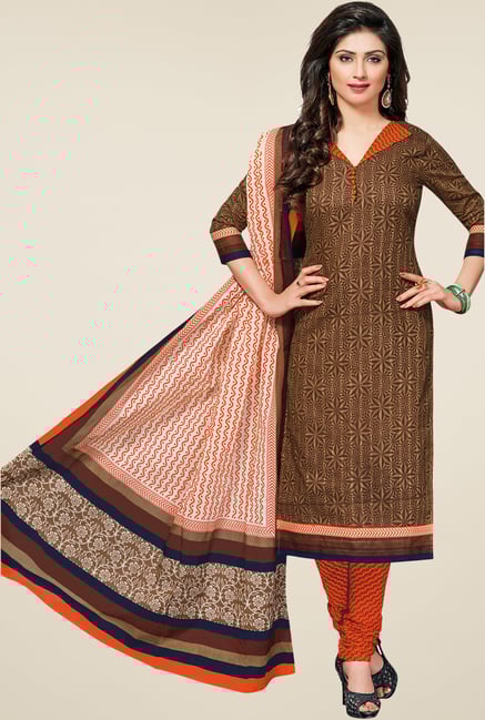 Salwar Studio Brown & Orange Printed Dress Material Salwar Studio Brown & Orange Printed Dress Material