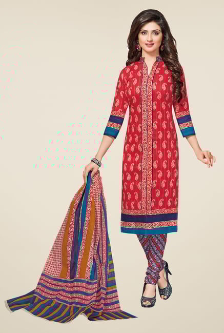 Salwar Studio Coral & Blue Printed Dress Material Salwar Studio Coral & Blue Printed Dress Material