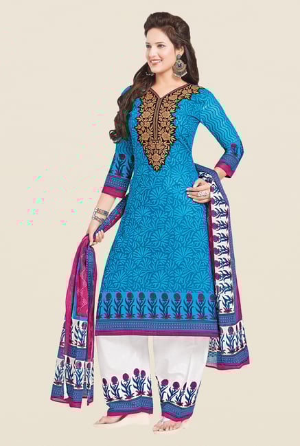 Salwar Studio Blue & White Printed Dress Material Salwar Studio Blue & White Printed Dress Material