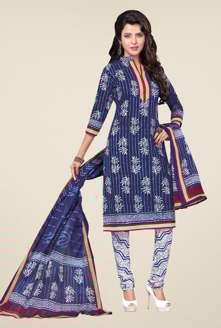 Salwar Studio Blue & White Printed Cotton Dress Material Salwar Studio Blue & White Printed Cotton Dress Material