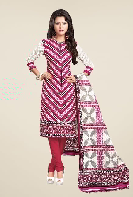Salwar Studio Pink & White Printed Cotton Dress Material Salwar Studio Pink & White Printed Cotton Dress Material