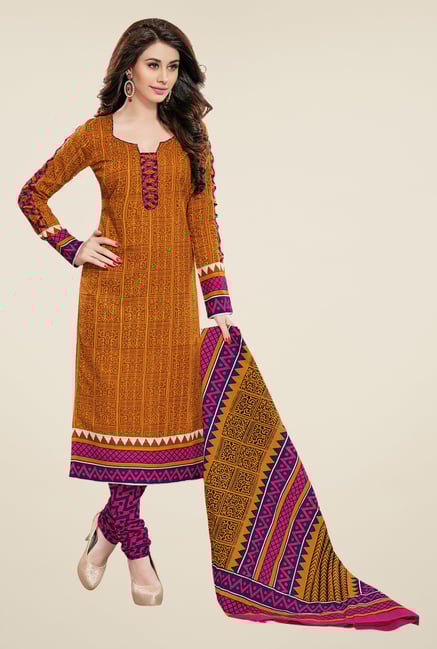 Salwar Studio Mustard & Pink Printed Dress Material Salwar Studio Mustard & Pink Printed Dress Material