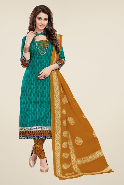 Salwar Studio Green & Mustard Printed Dress Material Salwar Studio Green & Mustard Printed Dress Material