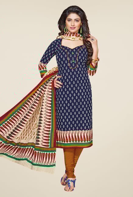 Salwar Studio Navy & Mustard Printed Dress Material Salwar Studio Navy & Mustard Printed Dress Material