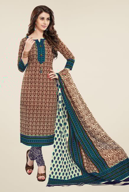 Salwar Studio Brown & Turquoise Printed Dress Material Salwar Studio Brown & Turquoise Printed Dress Material