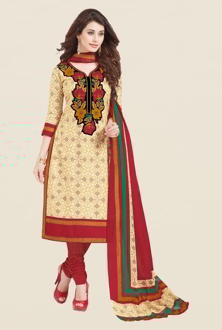 Salwar Studio Fawn & Red Printed Dress Material Salwar Studio Fawn & Red Printed Dress Material