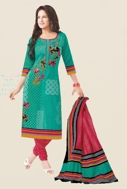 Salwar Studio Sea Green & Coral Printed Dress Material Salwar Studio Sea Green & Coral Printed Dress Material