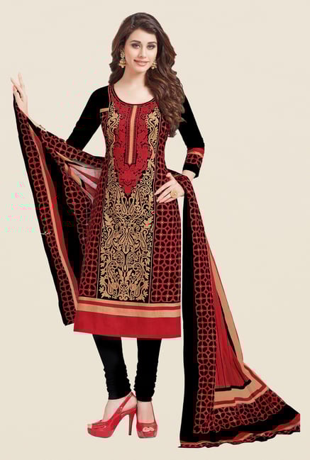 Salwar Studio Red & Black Printed Cotton Dress Material Salwar Studio Red & Black Printed Cotton Dress Material