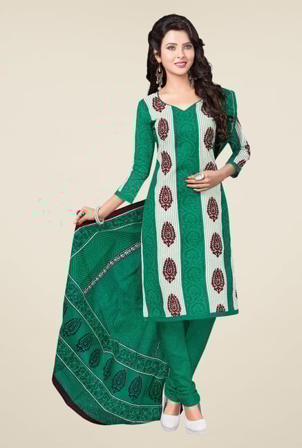 Salwar Studio Green & Off White Printed Dress Material Salwar Studio Green & Off White Printed Dress Material