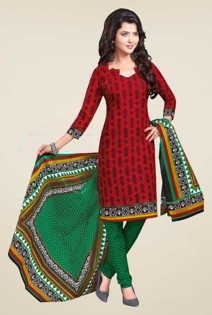 Salwar Studio Red & Green Cotton Free Size Dress Material Salwar Studio Red & Green Cotton Free Size Dress Material