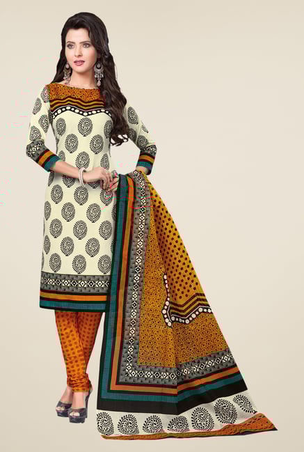 Salwar Studio Fawn & Orange Printed Cotton Dress Material Salwar Studio Fawn & Orange Printed Cotton Dress Material