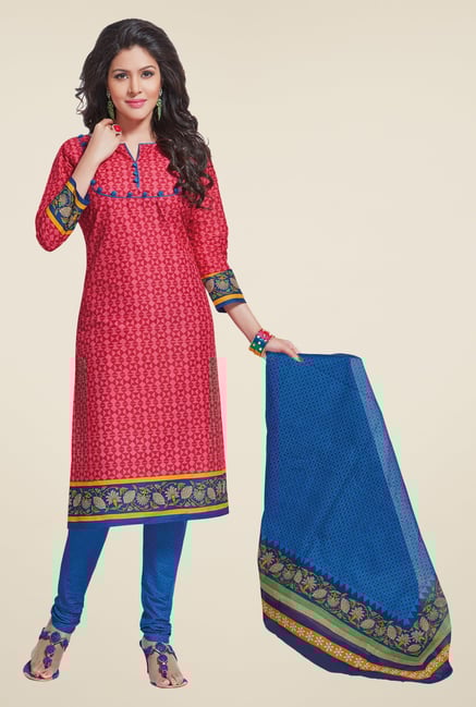 Salwar Studio Pink & Blue Printed Free Size Dress Material Salwar Studio Pink & Blue Printed Free Size Dress Material