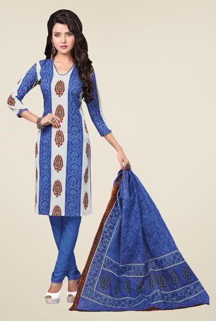 Salwar Studio Blue & White Cotton Free Size Dress Material Salwar Studio Blue & White Cotton Free Size Dress Material