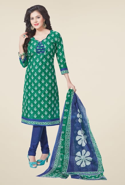 Salwar Studio Green & Blue Cotton Dress Material Salwar Studio Green & Blue Cotton Dress Material