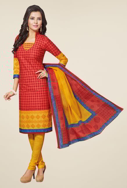 Salwar Studio Red & Yellow Printed Dress Material Salwar Studio Red & Yellow Printed Dress Material