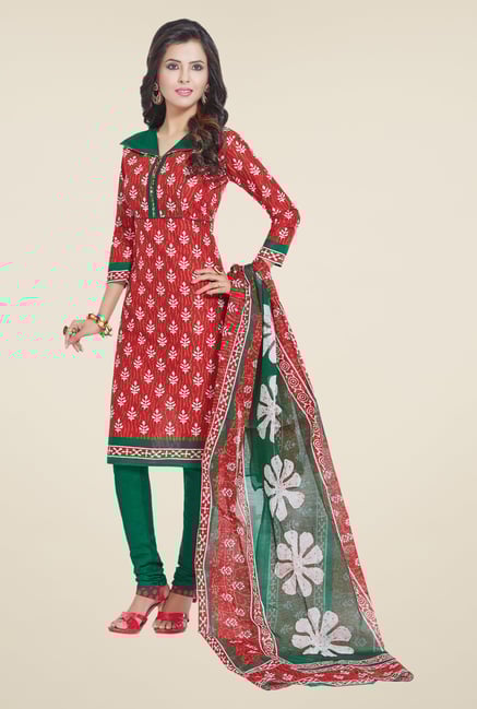 Salwar Studio Red & Green Cotton Dress Material Salwar Studio Red & Green Cotton Dress Material