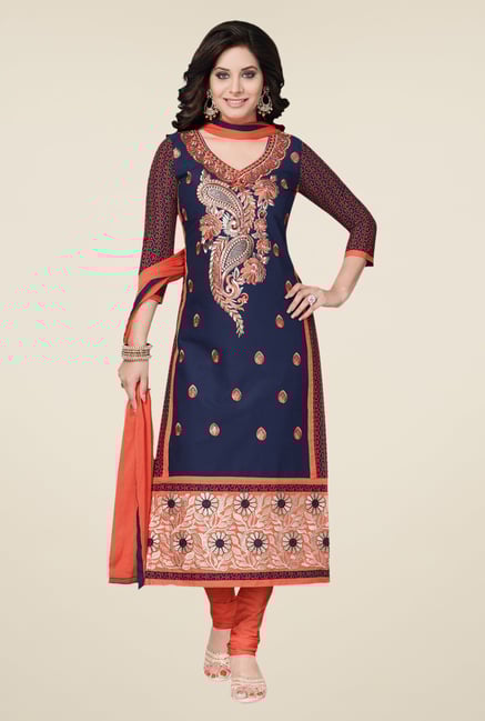 Salwar Studio Navy & Light Orange Embroidered Dress Material Salwar Studio Navy & Light Orange Embroidered Dress Material