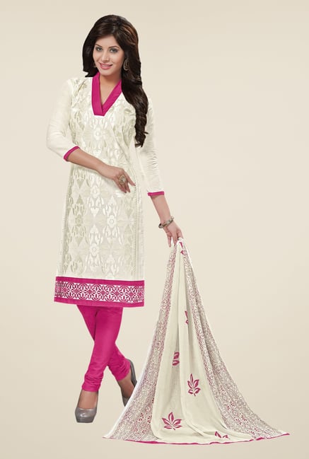Salwar Studio Off White & Pink Embroidered Dress Material Salwar Studio Off White & Pink Embroidered Dress Material