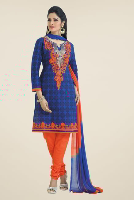 Salwar Studio Blue & Orange Embroidered Dress Material Salwar Studio Blue & Orange Embroidered Dress Material
