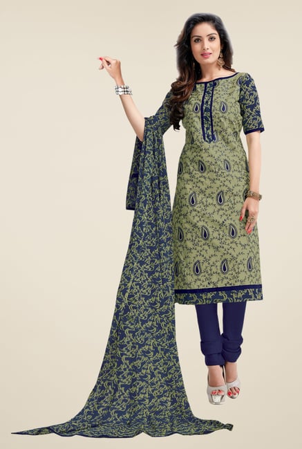 Salwar Studio Mehndi & Dark Blue Lawn Dress Material Salwar Studio Mehndi & Dark Blue Lawn Dress Material