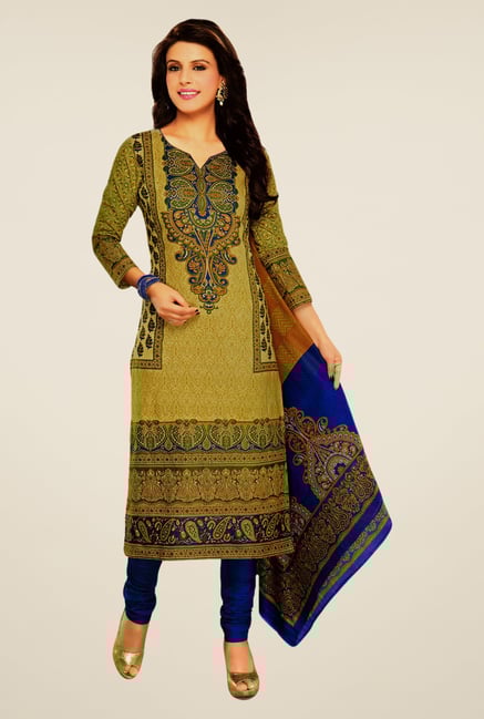 Salwar Studio Beige & Blue Lawn Satin Printed Dress Material Salwar Studio Beige & Blue Lawn Satin Printed Dress Material
