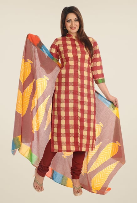 Salwar Studio Beige & Maroon Checks Dress Material Salwar Studio Beige & Maroon Checks Dress Material